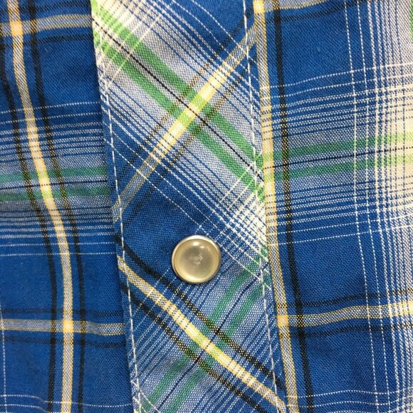 Wrangler Button Up Shirt Medium Men Blue Plaid Pearl Snap Pockets Western Cowboy - Picture 5 of 8